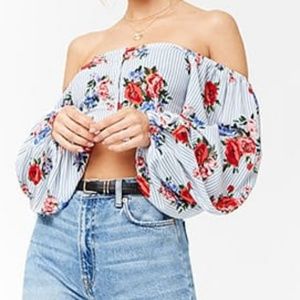 Floral Striped Off-the-Shoulder Crop Top